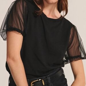 T Tahari Elegant Black Top With Sheer Mesh Sleeves Womens Size L